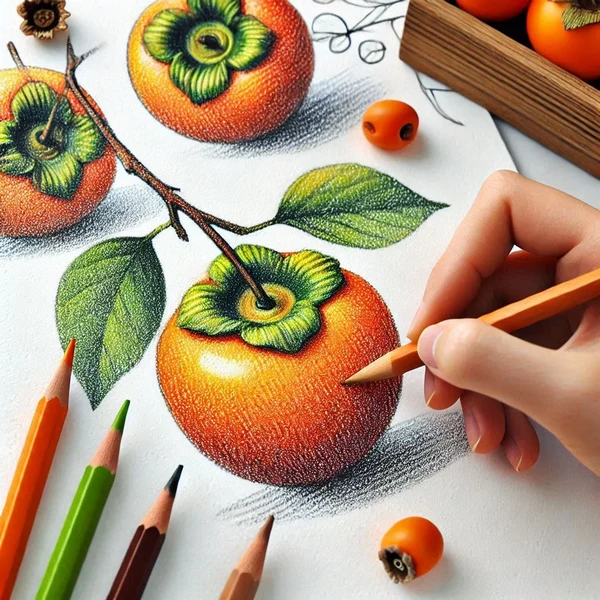 نقاشی خرمالوی تک روی کاغذ بافت‌دار