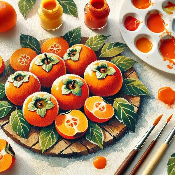 نقاشی خرمالو روی میز چوبی در پس‌زمینه