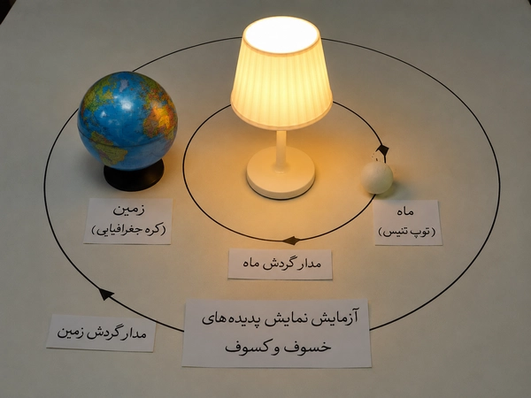 به کمک یک توپ تنیس روی میز (ماه) یک کره جغرافیایی (زمین) و یک لامپ (خورشید)، آزمایش ساده‌ای برای نمایش پدیده‌های خسوف و کسوف طراحی و اجرا کنید.